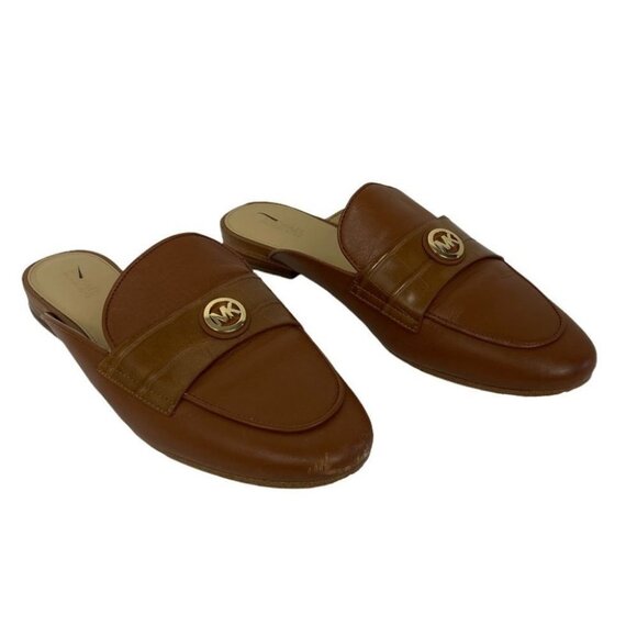 Michael Kors Plate Brown Leather Mules Slip On Slides Size 7.5 Gold Hardware - Picture 4 of 9
